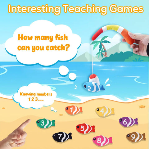 My First Tackle Box Plush Set For Toddlers with fish plushies and fishing rod toy in colorful teaching game scene