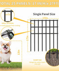 Heavy Duty No Dig Garden Fence Kit 25 Pack 17 Inch High By 27 Foot Long Rustproof Metal Border Panels For Dogs And Rabbits Ground Stakes Outdoor Patio Decorative Yard Fence with measurement details and sharp ends.