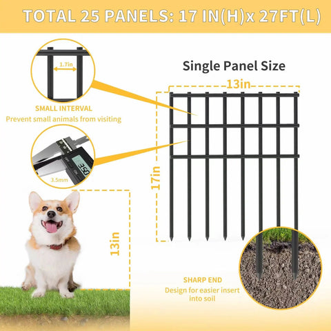 Heavy Duty No Dig Garden Fence Kit 25 Pack 17 Inch High By 27 Foot Long Rustproof Metal Border Panels For Dogs And Rabbits Ground Stakes Outdoor Patio Decorative Yard Fence with measurement details and sharp ends.