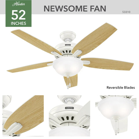 52 Inch Indoor Ceiling Fan With Crisp LED Light And Bulbs Included, White Finish, Pull Chain Control, Five Blades, Standard Mount