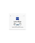 Front view of ZEISS Lens Wipe pre-moistened lens cleaning wipe packet with eyeglasses icon.