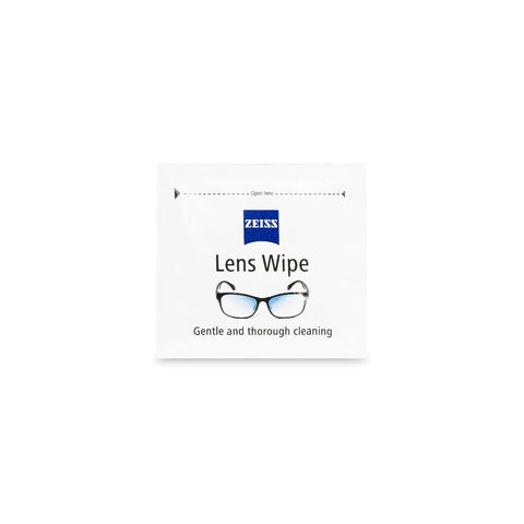 Front view of ZEISS Lens Wipe pre-moistened lens cleaning wipe packet with eyeglasses icon.