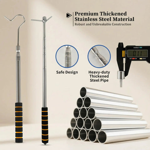 Extendable Smoke Detector Tester Pole showing stainless steel build and replaceable heads for safety checks and repairs.