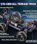 All Terrain 1 To 14 Scale RC Truck With 4WD showcasing internal components and tires for off-road fun with waterproof features.