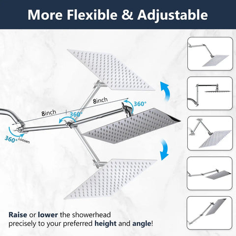 10 Inch Rain Shower Head With 16 Inch Extendable Arm For Flexible Height And Distance, showing adjustable angles