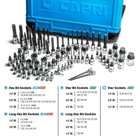 Master Bit Socket Set 88 Piece Advanced Series with Beefy S2 Steel Bits in impact resistant case displayed with specifications chart