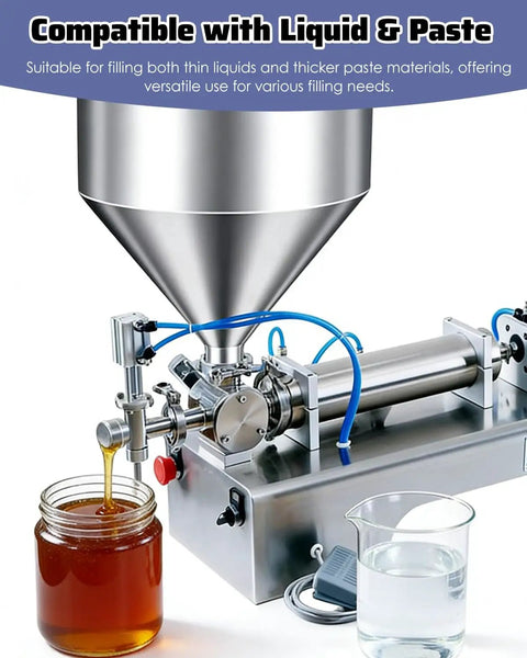 No Sweat Precision Filling With This Semi Automatic Horizontal Paste Liquid Filling Machine Featuring Pneumatic Cream Lotion Oil Shampoo Dispenser And Foot Pedal Control At Home Or Shop pouring liquid into a jar.