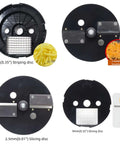4-in-1 electric vegetable slicer and chopper with dual feed chutes; round black base and interchangeable discs by Amazon.