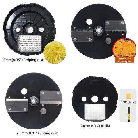 4-in-1 electric vegetable slicer and chopper with dual feed chutes; round black base and interchangeable discs by Amazon.