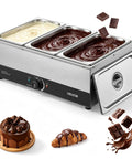 Pro Level Commercial Chocolate Melting Machine With Three Tanks And 27 Pound Capacity Featuring Smooth Water Bath Heating And Dead On Temperature Control For Hassle Free Cocoa Prep Daily with three pots of melted chocolate.