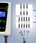 Wall Mounted EV Charger Station Smart 7Kw Single Phase Adjustable 8 To 32Amps Wifi Bluetooth Rfid Enabled 5Meter Tethered Cord showing wiring diagram and LCD display.