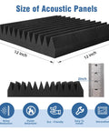Killer 50 Pack Sound Proof Foam Panels For Walls With Sticky Peel And Stick Mount 12X12X2 Inch Acoustic Tiles showing size dimensions.