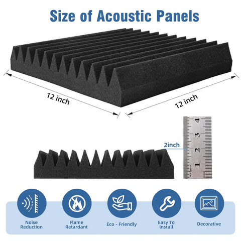 Killer 50 Pack Sound Proof Foam Panels For Walls With Sticky Peel And Stick Mount 12X12X2 Inch Acoustic Tiles showing size dimensions.