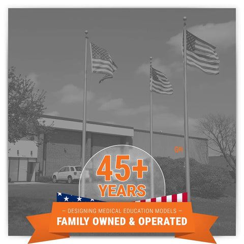 Exterior of company building with three American flags, celebrating 45+ years in designing medical education models.