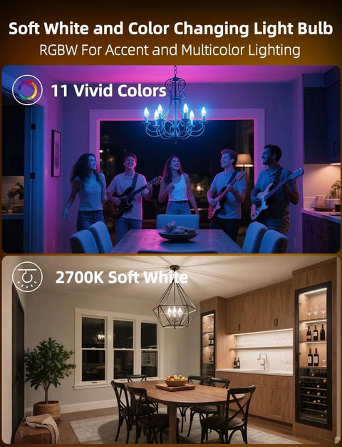 Color Changing LED E12 Candelabra Bulbs With Remote Plug In 120V RGB Plus 2700K Warm White 40W Equiv in chandelier setting