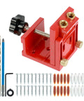 Heavy Duty Aluminum Adjustable Pocket Hole Jig Kit With Laser Engraved Inch And Metric Scales For Dead Nuts Drilling Accuracy and No Sweat Cabinet Making Workflow, red jig with drill bits and accessories.