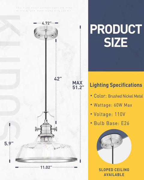 kudos 11 Inch Brushed Nickel Clear Striped Pendant Light, KDPL13-BN-C size chart with height and diameter measurements.