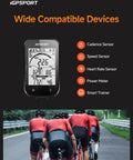 GPS Bike Computer With Wireless Connectivity And 2.6 Inch LCD Display showing metrics, cyclists riding, sensor compatibility icons