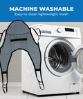 Patient Aid Padded U Slings With Head Support For Hoyer Lifts Soft Polyester Fabric next to a washing machine, showcasing machine washability.