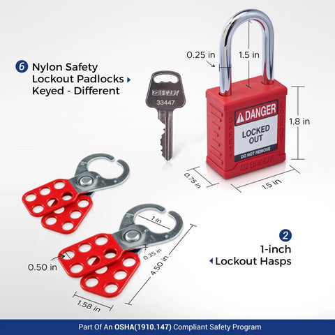 Lockout Tagout Station Kit With LOTO Devices, Includes 6 Keyed Different Safety Lock Sets, 2 Padlock Hasps, 10 Do Not Operate Tags