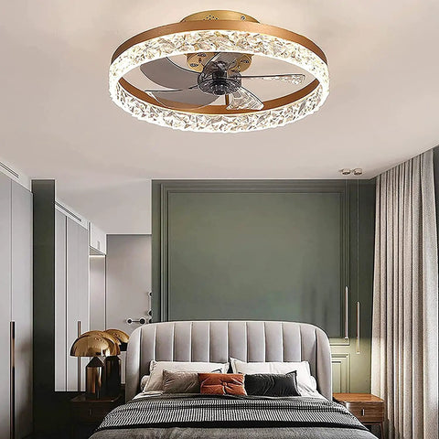 19.7 Inch Bladeless Ceiling Fan With Lights And Remote Dope Modern Enclosed Low Profile Design For Living Room Or Bedroom Crystal Edge Finish