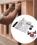 Built To Last Heavy Duty Aluminum Router Lift Kit With Smooth Manual Precision Dial Control mounted on a wood surface during installation.