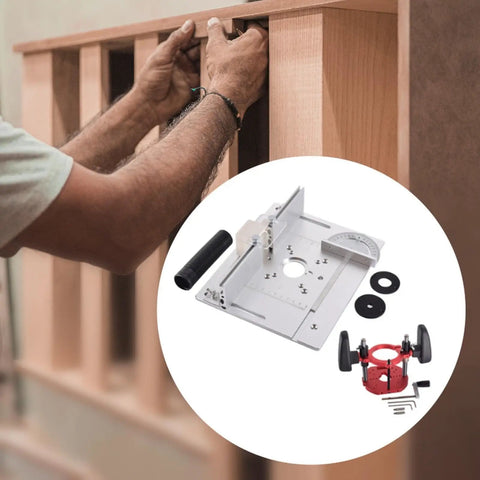 Built To Last Heavy Duty Aluminum Router Lift Kit With Smooth Manual Precision Dial Control mounted on a wood surface during installation.