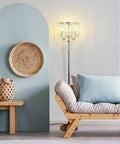 Chrome Finish Modern Floor Lamp With Crystal Ball Shades 2 Light Reading Lamp For Living Room And Bedroom Dope Crystal String Accents Lit Ambient Lighting For Corners Nooks And Cozy Spaces next to couch.