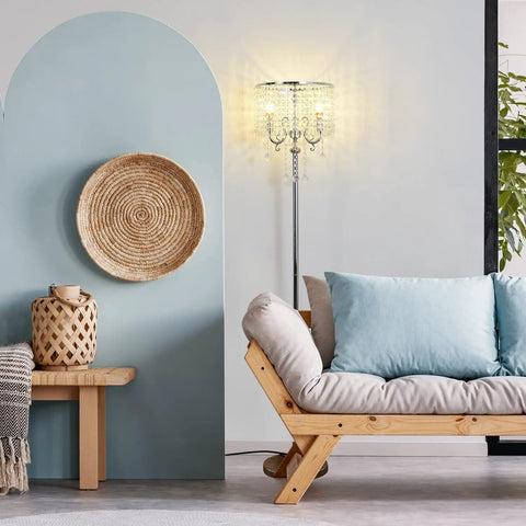Chrome Finish Modern Floor Lamp With Crystal Ball Shades 2 Light Reading Lamp For Living Room And Bedroom Dope Crystal String Accents Lit Ambient Lighting For Corners Nooks And Cozy Spaces next to couch.
