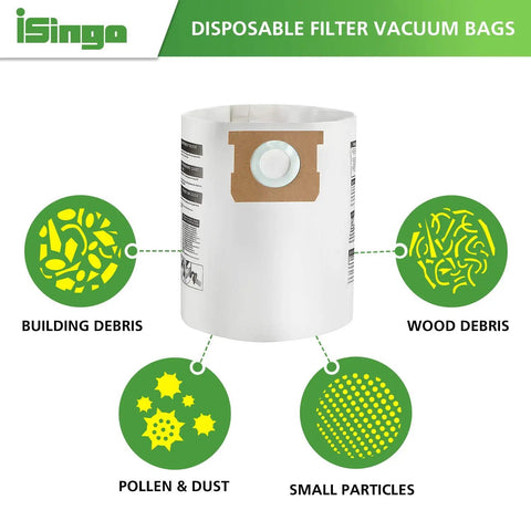 15 Pack Replacement Vacuum Filter Bags For 5 To 8 Gallon Vacuums Type E And Type H Compatibility Fits S90661 9066100 9066133 And 90671 9067100 9067133 Series High Efficiency Disposable Bags For Clean, Easy Cleanup showing dust, pollen, wood and debris collection
