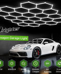Hexagon Garage Light System With 22 Grids 3 Level Dimmable 581W 63910LM LED Hexagonal Shop Light 6500K illuminating car.