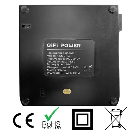 Back view of 2 In 1 Fast Drone Battery Balance Charger For Yuneec H520E And H3 Batteries showing specifications and certifications.