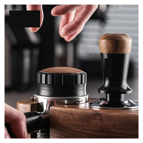 Premium Coffee Distributor And Tamper Leveler For Home Baristas with a wood top and rounded edges suitable for 51mm 58mm portafilters.