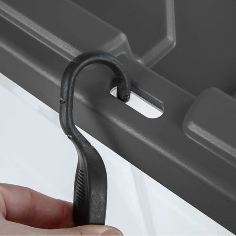 Rugged Pull Along 160 Quart Rolling Storage Tote With Transparent Bottom showing close-up of swivel handle attachment feature.