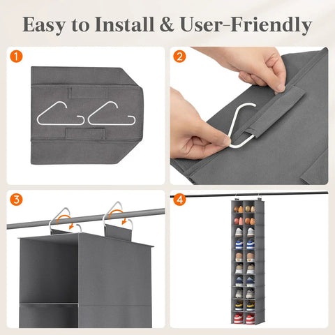 Dope Foldable Hanging Shoe Closet Rack Solid Thick Fabric Storage System With Wide Compartments Straight Up Perfect For Sneakers Flats Heels And Daily Slippers In Fresh Gray, showcasing easy installation steps.