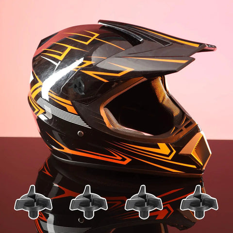 Versatile Ride Ready Motorcycle Helmet Visor Screws Kit 8 Pcs Replacement Bolts with visor clips in front of racing helmet.