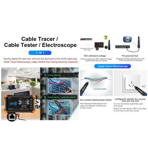 All In One Handheld OTDR Fiber Optic Tester For Field Techs With 1310nm 1550nm 28dB 26dB showing cable tracer and electroscope features