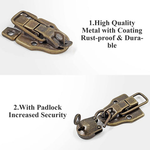 Retro Duckbilled Toggle Hasp Latch Set In Antique Bronze, 2-Piece Padlock Kit with Lock and Screws for jewelry box security.