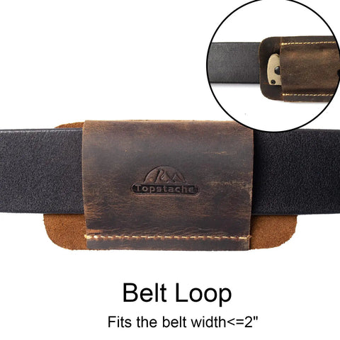 Close-up of Leather Knife Sheath Handmade Holster for Belt Horizontal Carry EDC Pocket Organizer for Men Size S, dark brown belt loop.