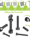 480 Piece M4 Hex Socket Head Screw Kit In 12.9 Grade Black Oxide For Durability And Corrosion Resistance Includes M4 X 6 8 12 16 20 25 30 mm Bolts For 3D Printers And Projects Heavy Duty Alloy Steel Hardware With Solid Threads shown with washers and nuts.