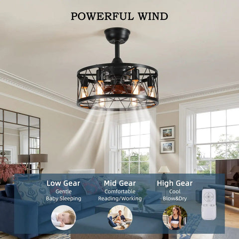 Caged Ceiling Fan With Lights Remote Control Farmhouse Low Profile Pendant Fandelier installed in living room, industrial style.