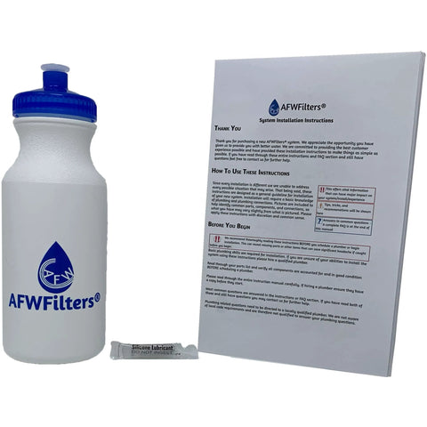 AFWFilters AIP15 water filter kit: white bottle with blue cap, installation instructions, silicone lubricant packet