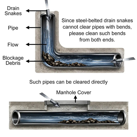 Heavy Duty Flat Steel Snake Tool And Rugged Manganese Steel Drain Auger For Outdoor Sewer Lines shown clearing blockage in pipes.