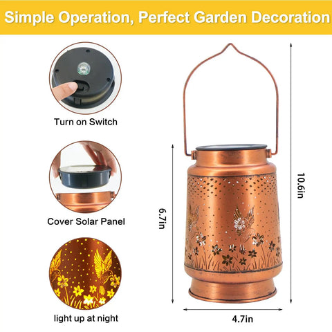 Outdoor Solar Lantern With Hummingbird Pattern, Waterproof Metal Garden Light for Yard, showing size and night glow
