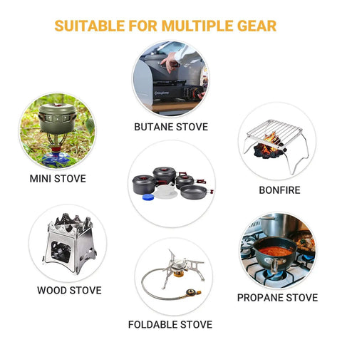 Image showing suitability of All Purpose Camping Cookware Mess Kit 7 Piece 9 Piece 18 Piece Non Stick Hard Anodized Aluminum Pots And Pans Gear for various cooktops like mini stove, butane stove, bonfire, wood stove, foldable stove, and propane stove.
