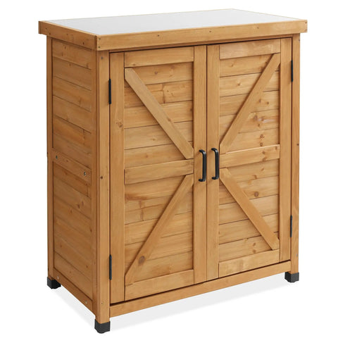 Outdoor Garden Potting Bench With Metal Tabletop And Storage Cabinet Cedar Wood Weatherproof Natural Finish Patio Workstation
