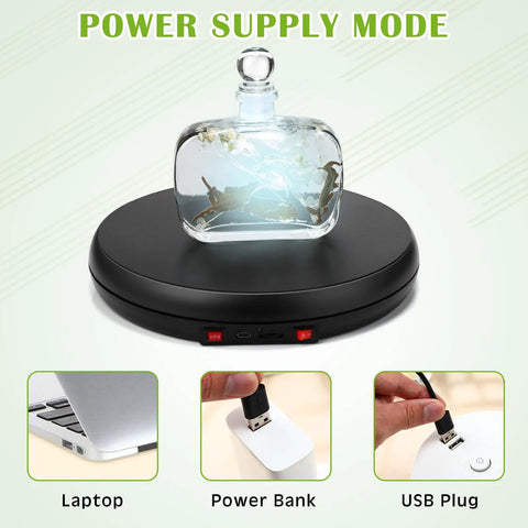 360 Degree Motorized Rotating Display Stand Turntable With Built-In LED Lighting For Jewelry And Photography Products Electric Base USB Powered Smooth Rotation Showpiece Spinner 10 Inch Capacity with decorative bottle on black base.