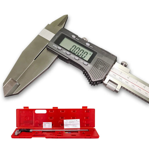 Digital Caliper With 0 To 24 Inch 600mm Measuring Range shown with stainless steel long jaws and red storage case