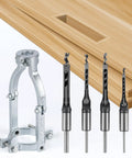 Heavy Duty Square Hole Drill Bit Adapter With Four Piece Mortising Attachment For Drill Press with steel bits and solid mount.