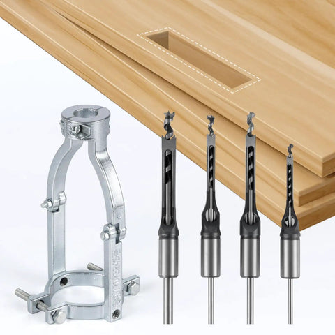 Heavy Duty Square Hole Drill Bit Adapter With Four Piece Mortising Attachment For Drill Press with steel bits and solid mount.